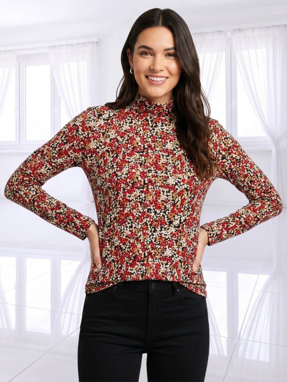 Tahari Floral Mesh Mock Neck Long Sleeve Blouse Stretchy Career Top Medium